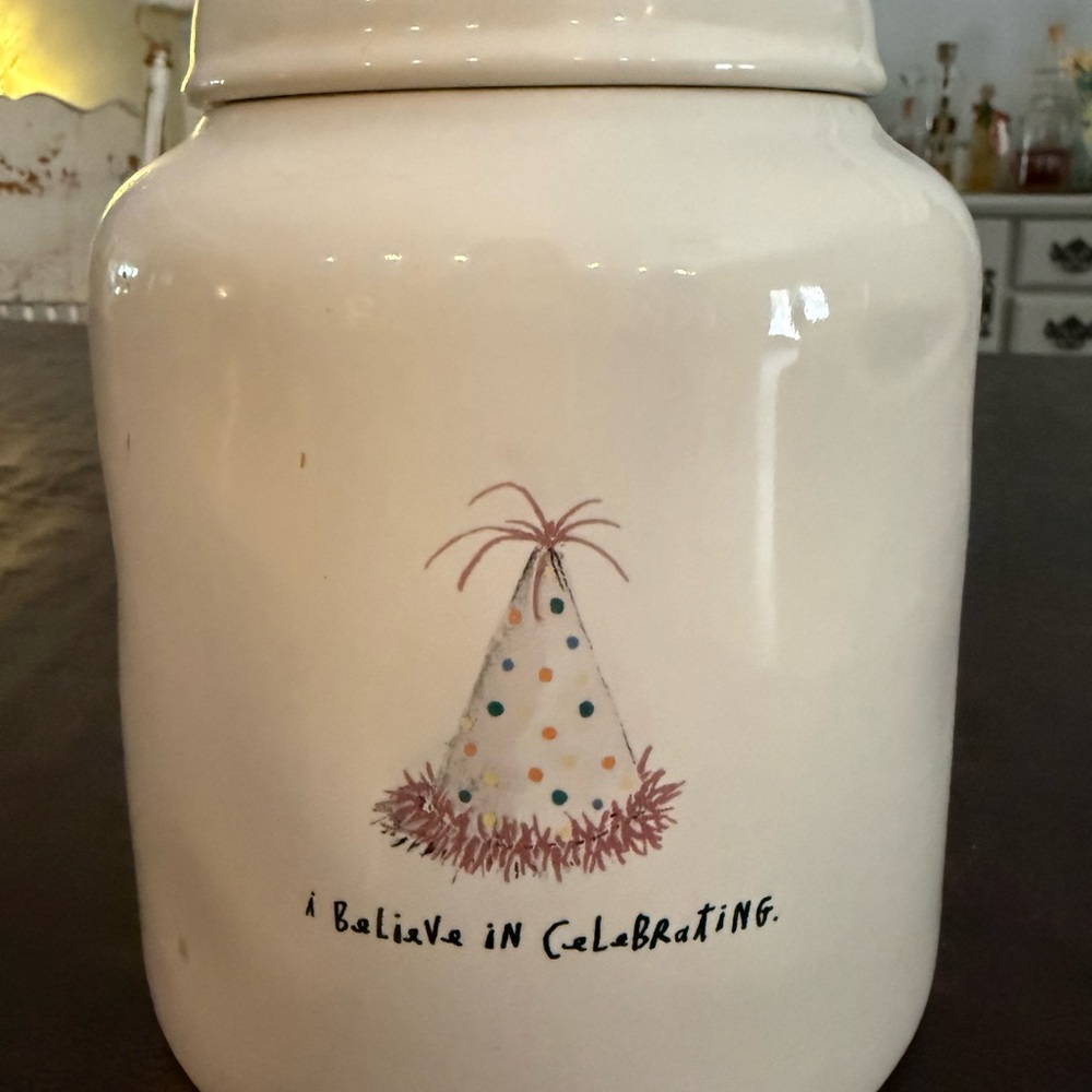 Rae Dunn “I believe in celebrating” cookie jar